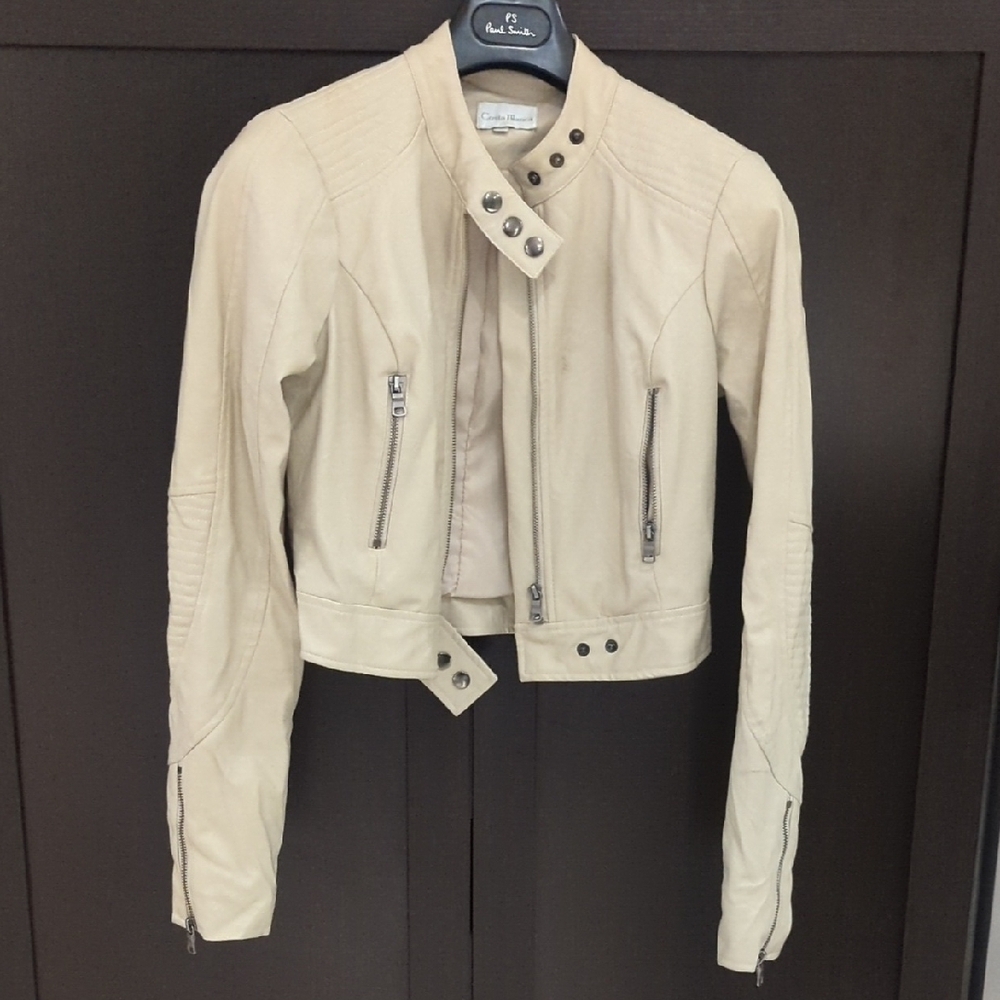 Costa Blanca Vegan Leather Beige Motorcycle Crop Jacket Size 2 (XS)